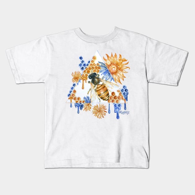 Geometric Gold and Blue Honeybee Kids T-Shirt by demingfischer